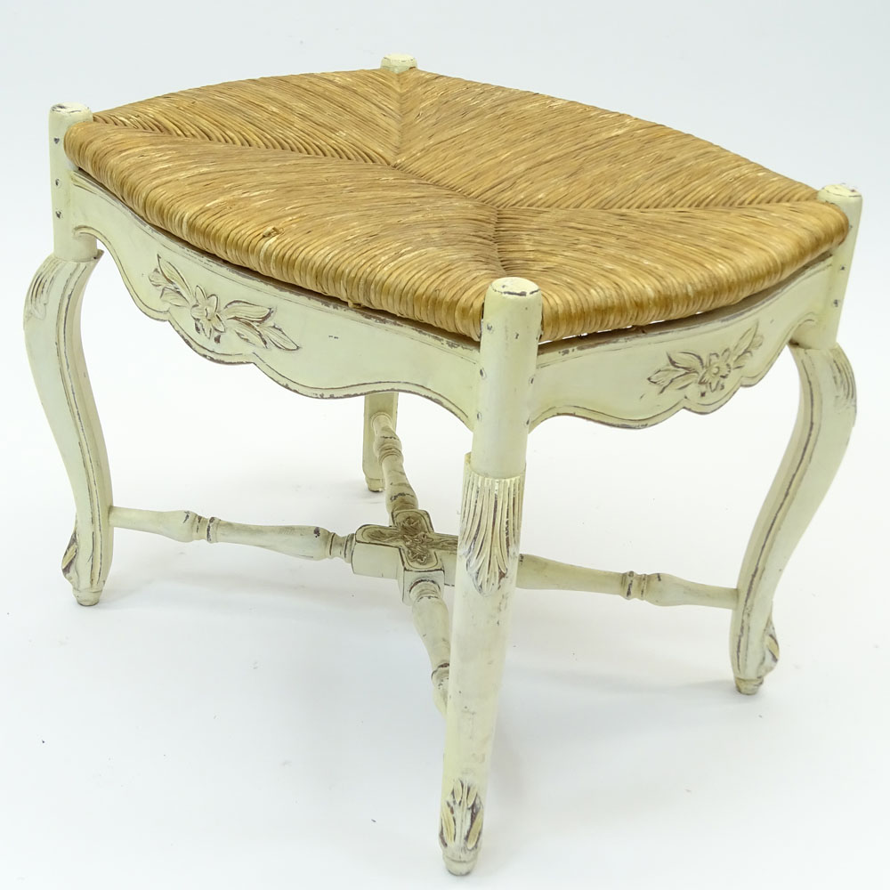 Mid 20th Century Italian Louis XV Style Carved Painted Bench with Rush Seat.