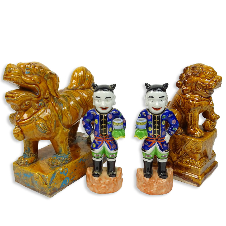 Collection of 4 Vintage Chinese Motif Majolica and Pottery Decorative Items.