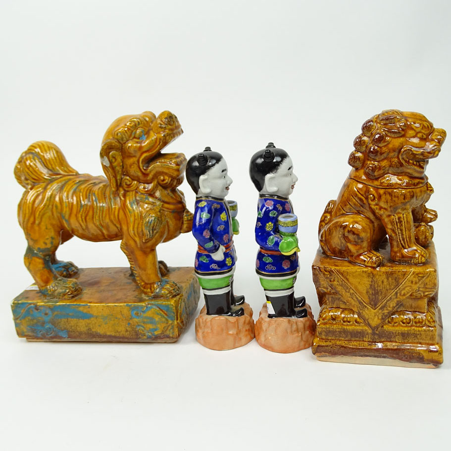 Collection of 4 Vintage Chinese Motif Majolica and Pottery Decorative Items.