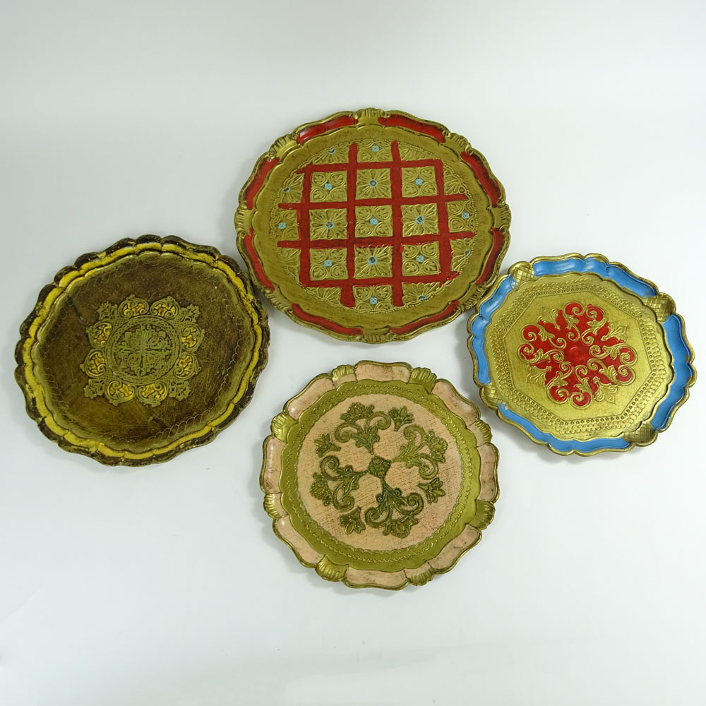 Group of Four (4) Vintage Italian Florentine Hand Painted Carved Wood Trays.