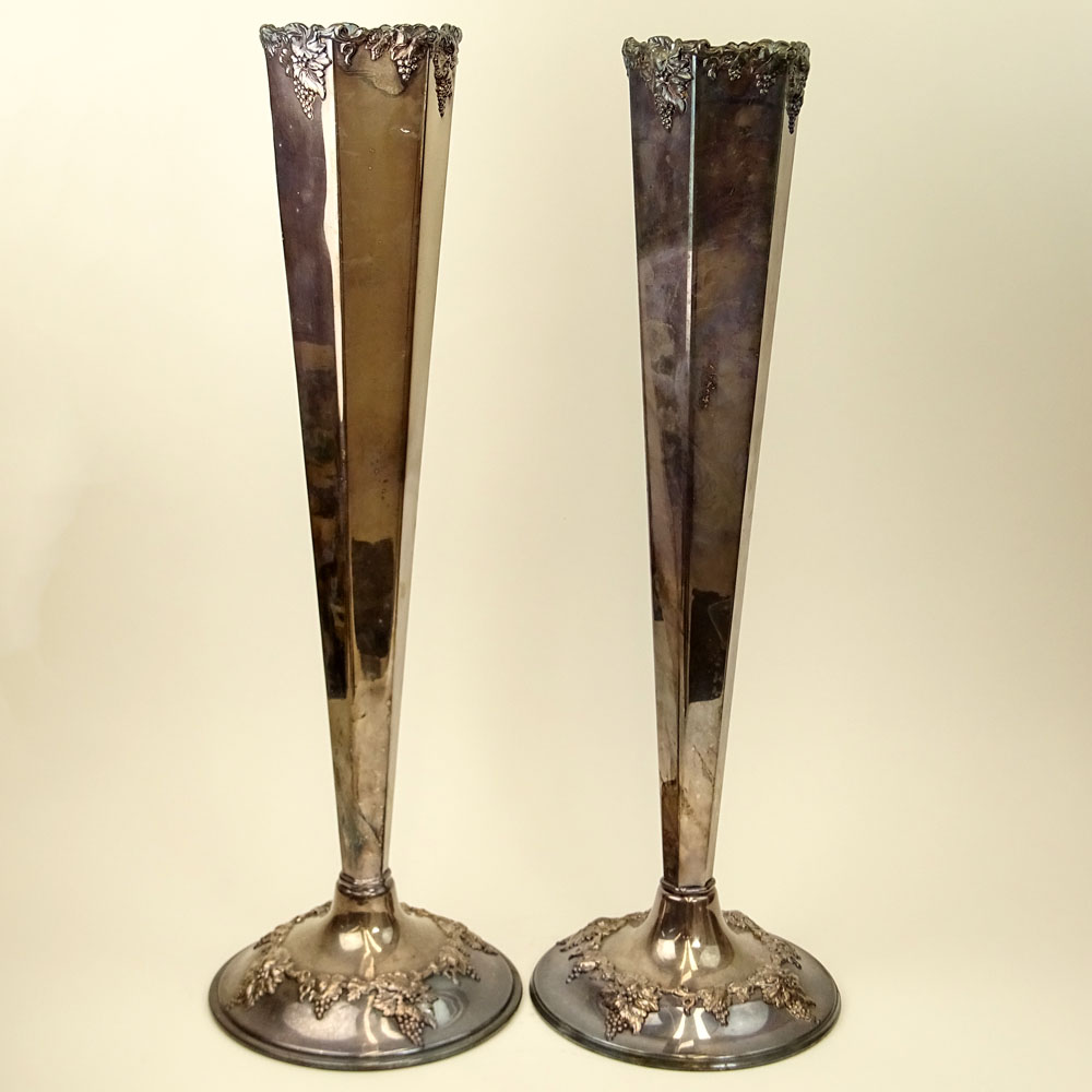 Pair of Victorian Sheffield Silver Plate Tall Vases. Grape Vine Motif.