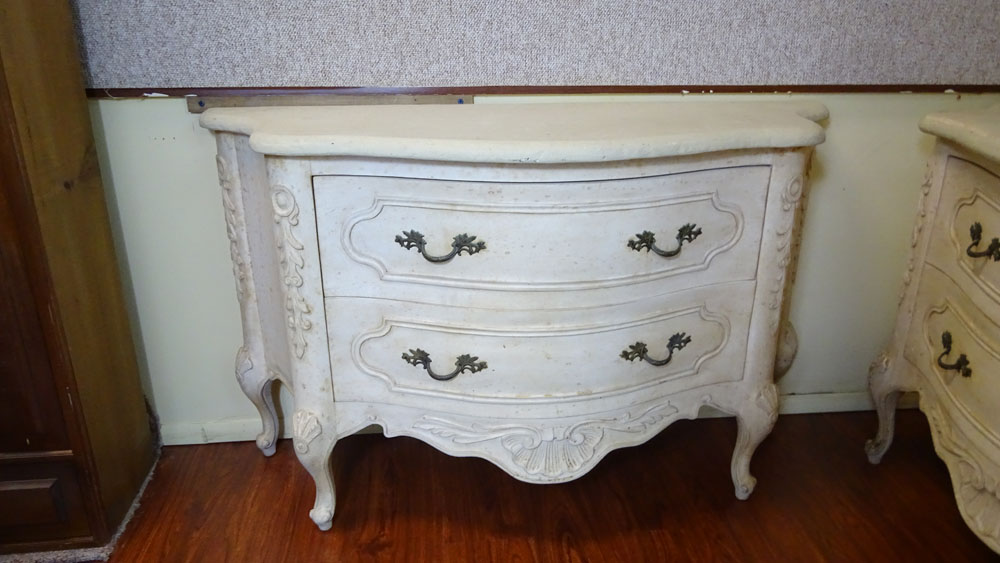 Pair of Vintage Louis XV Style Painted Two Drawer Commodes With Attached Man Made Faux Stone Tops.