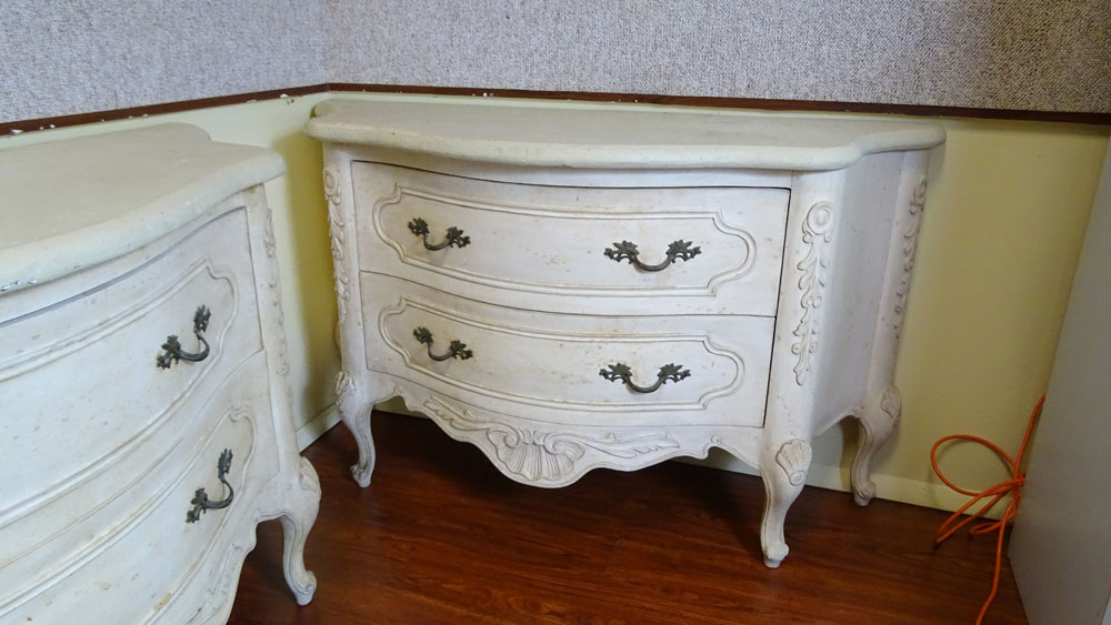 Pair of Vintage Louis XV Style Painted Two Drawer Commodes With Attached Man Made Faux Stone Tops.