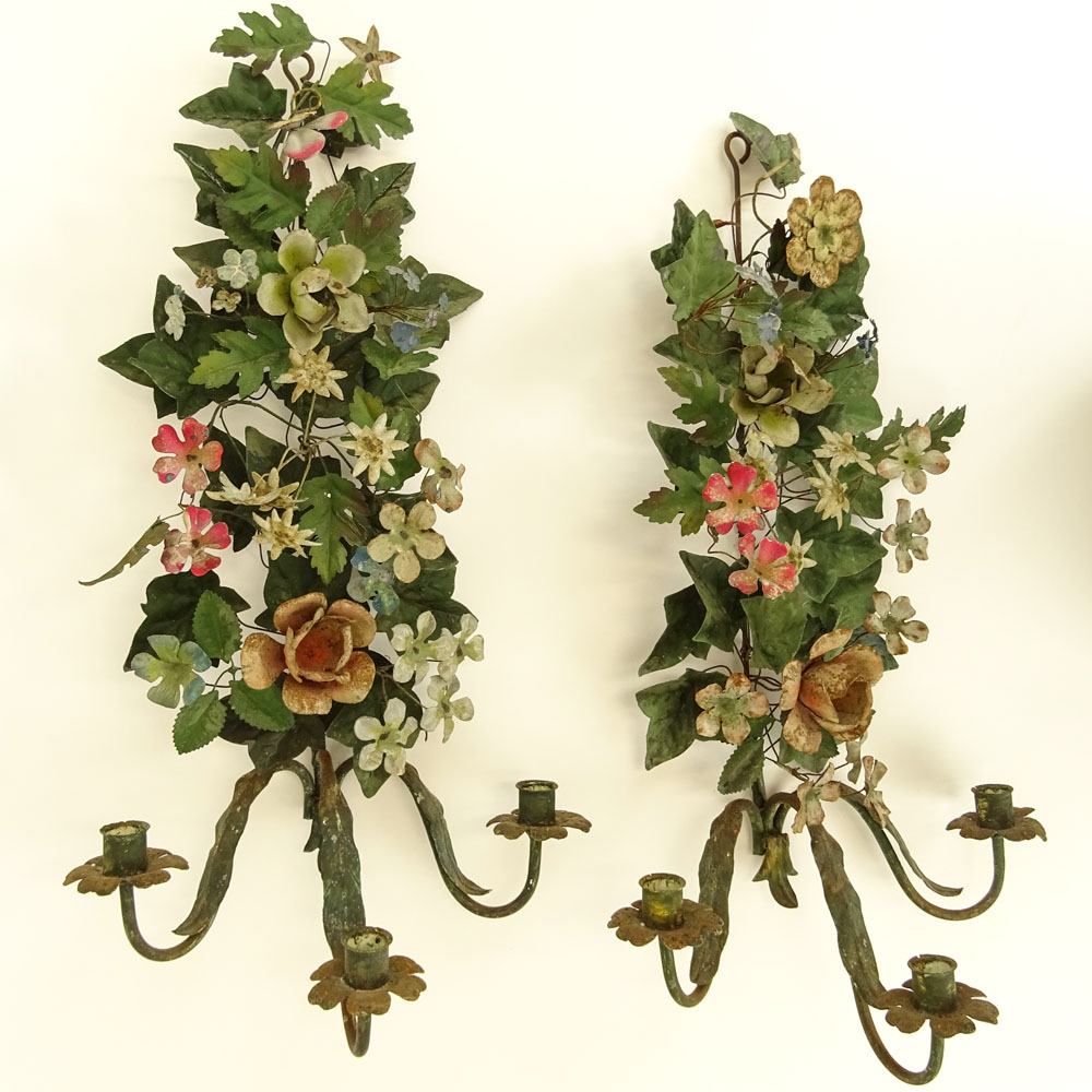 Pair of Vintage Italian Painted Toleware Floral Sconces.