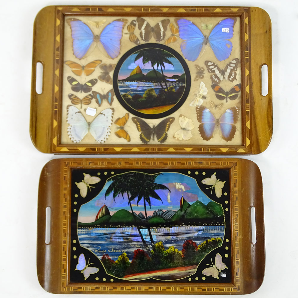 Two 1940's Butterfly Wing Art Souvenir Inlaid Wood Trays. Rio de Janeiro.