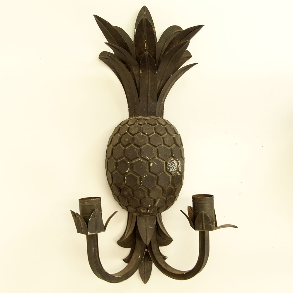 Mid 20th Century Painted Tole Pineapple Two Light Sconce.