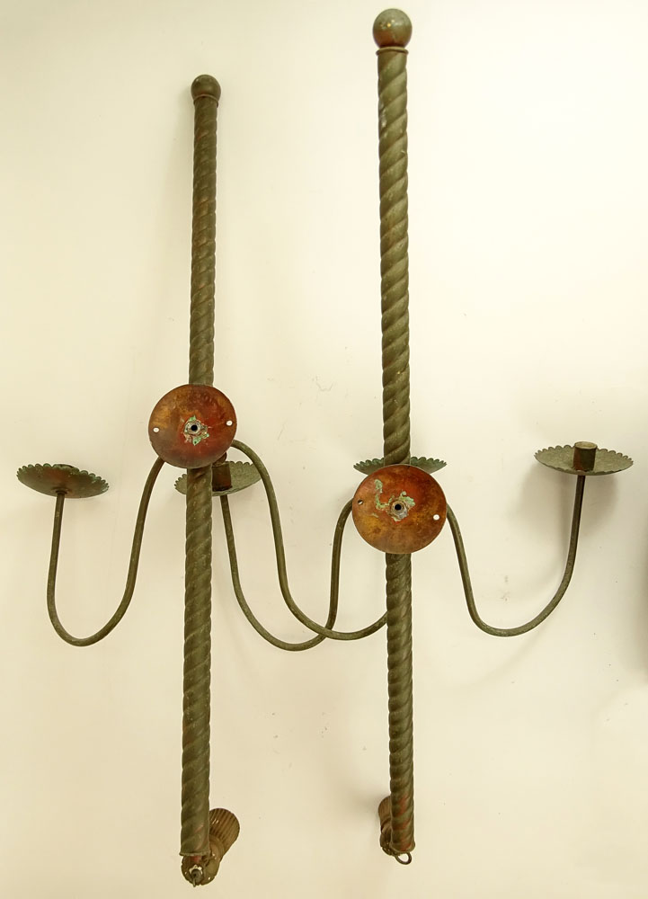 Pair Early 20th Century Painted Metal Two Light Sconces With Carved Wood Tassels.