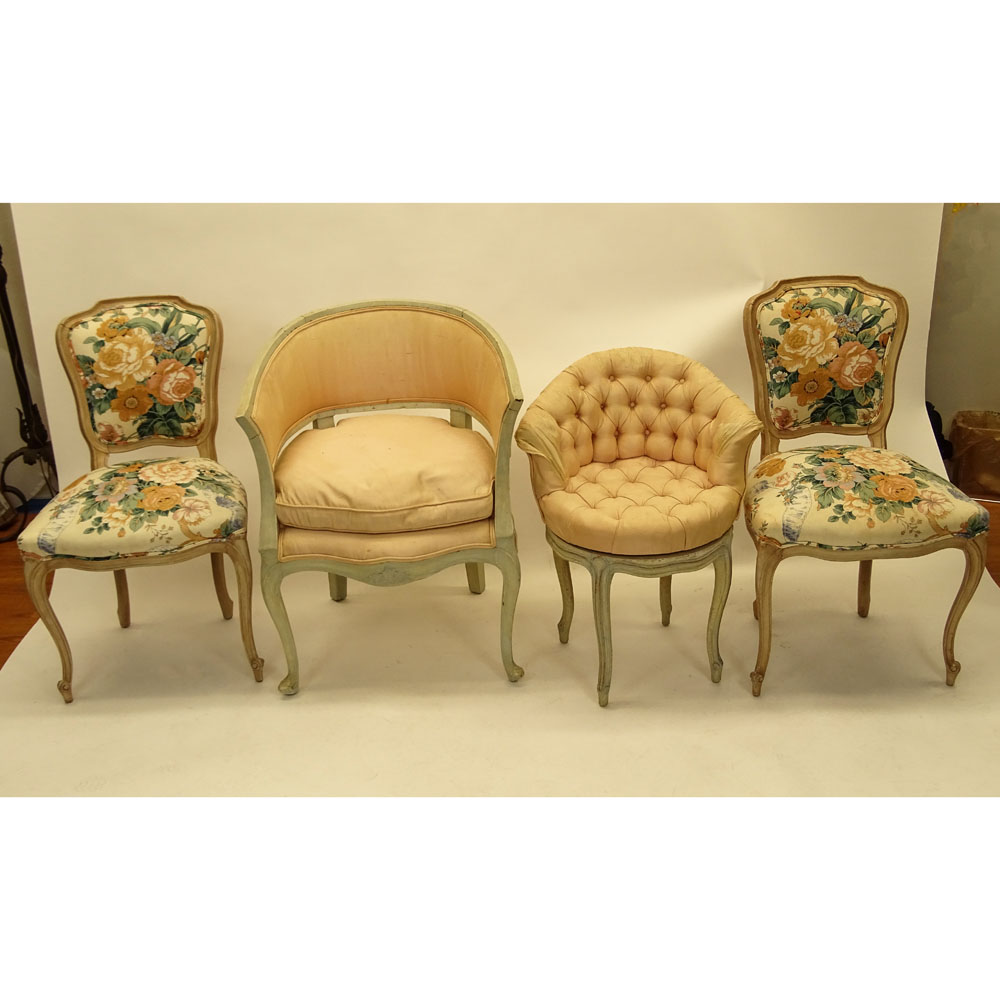 Four Mid 20th Century Italian Chairs. Including painted arm chair, painted vanity stool and 2 side chairs.
