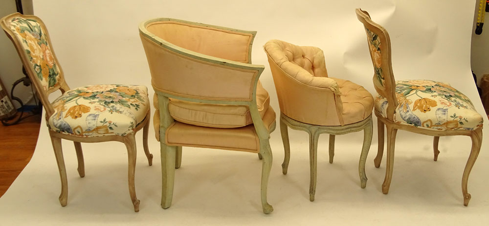 Four Mid 20th Century Italian Chairs. Including painted arm chair, painted vanity stool and 2 side chairs.