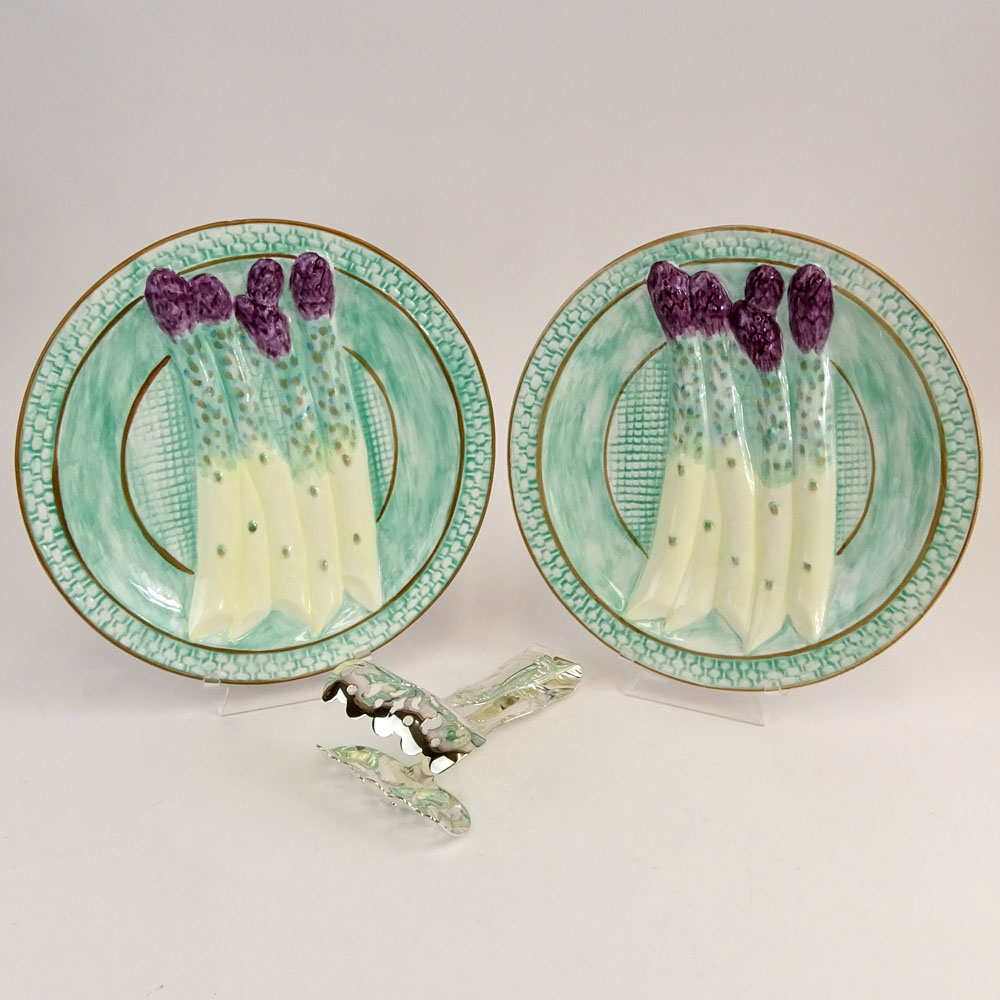Pair of Modern Majolica Pottery Asparagus Plates and Silver Plate Asparagus Tongs.