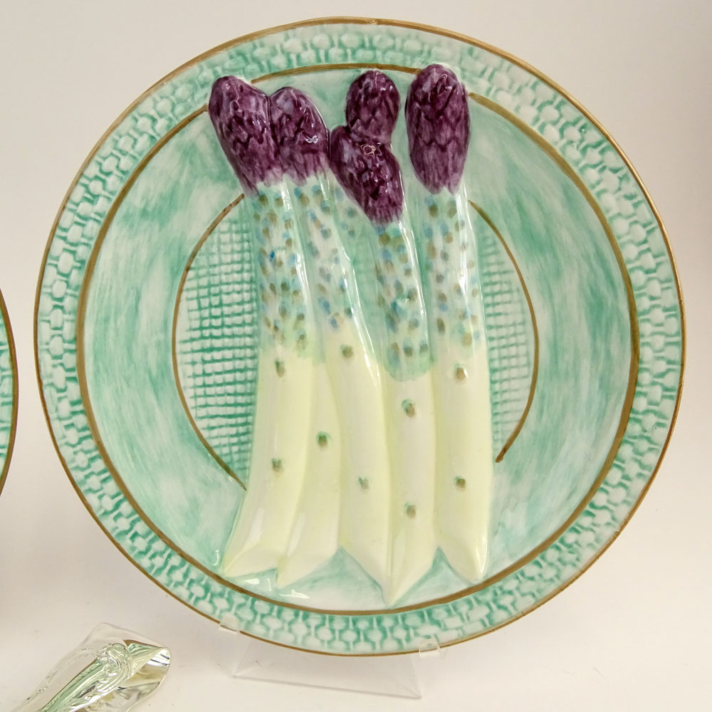 Pair of Modern Majolica Pottery Asparagus Plates and Silver Plate Asparagus Tongs.