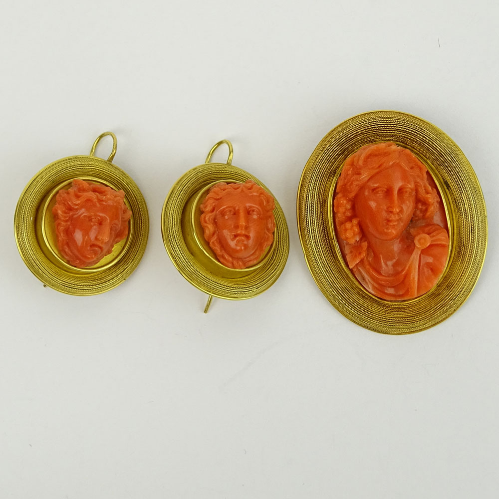 19th Century Carved Red Coral and High Karat Yellow Gold Brooch and Earring Suite.