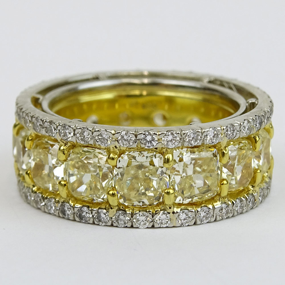Fancy Yellow Diamond and Platinum Eternity Band Set with Fifteen (15) Cushion Cut Fancy Yellow Diamonds Approx. 10.85 Carat TW and accented with Approx. 1.65 Carat TW Micro Pave Set Diamonds.