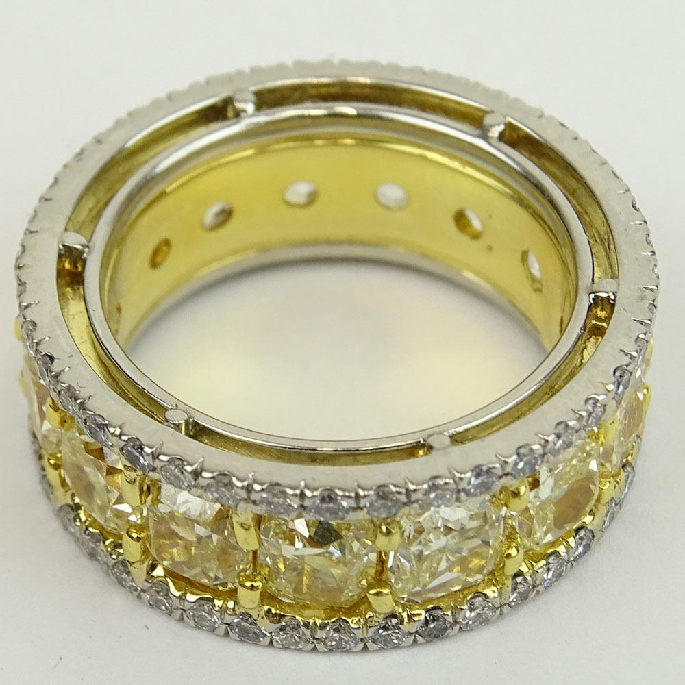 Fancy Yellow Diamond and Platinum Eternity Band Set with Fifteen (15) Cushion Cut Fancy Yellow Diamonds Approx. 10.85 Carat TW and accented with Approx. 1.65 Carat TW Micro Pave Set Diamonds.