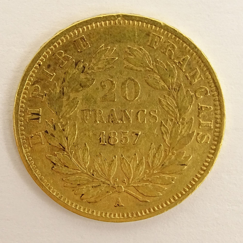 Swiss 1857 20 Franc Gold Coin.