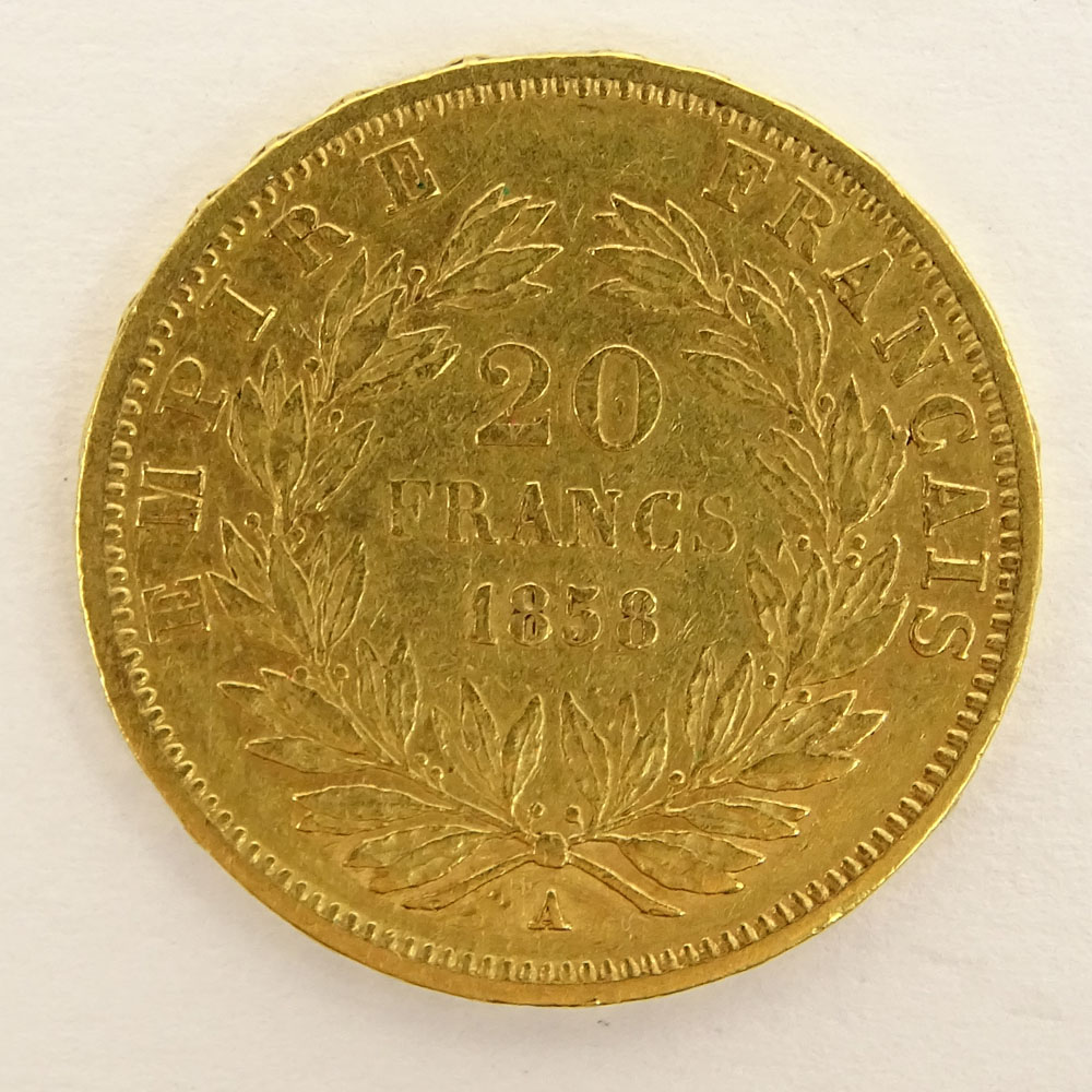 Swiss 1858 20 Franc Gold Coin.