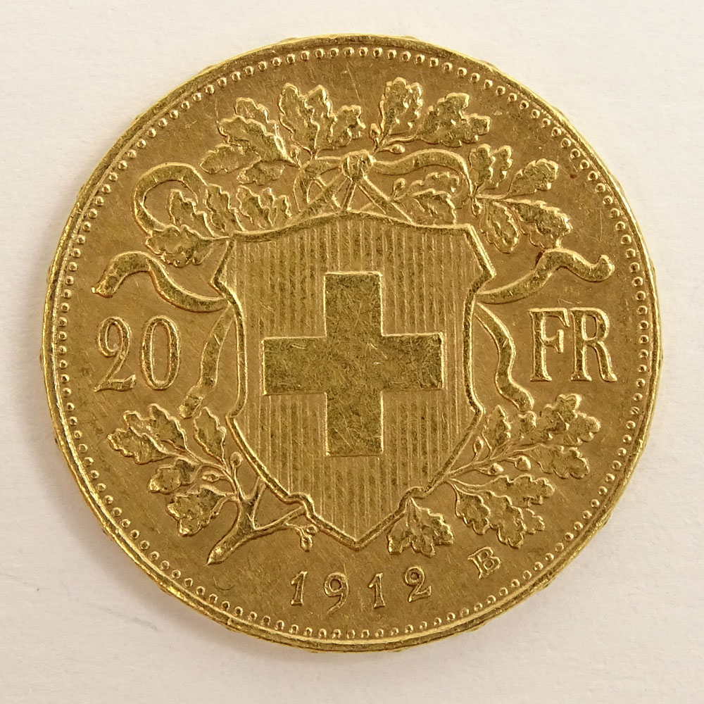 Swiss 1912 20 Franc Gold Coin.