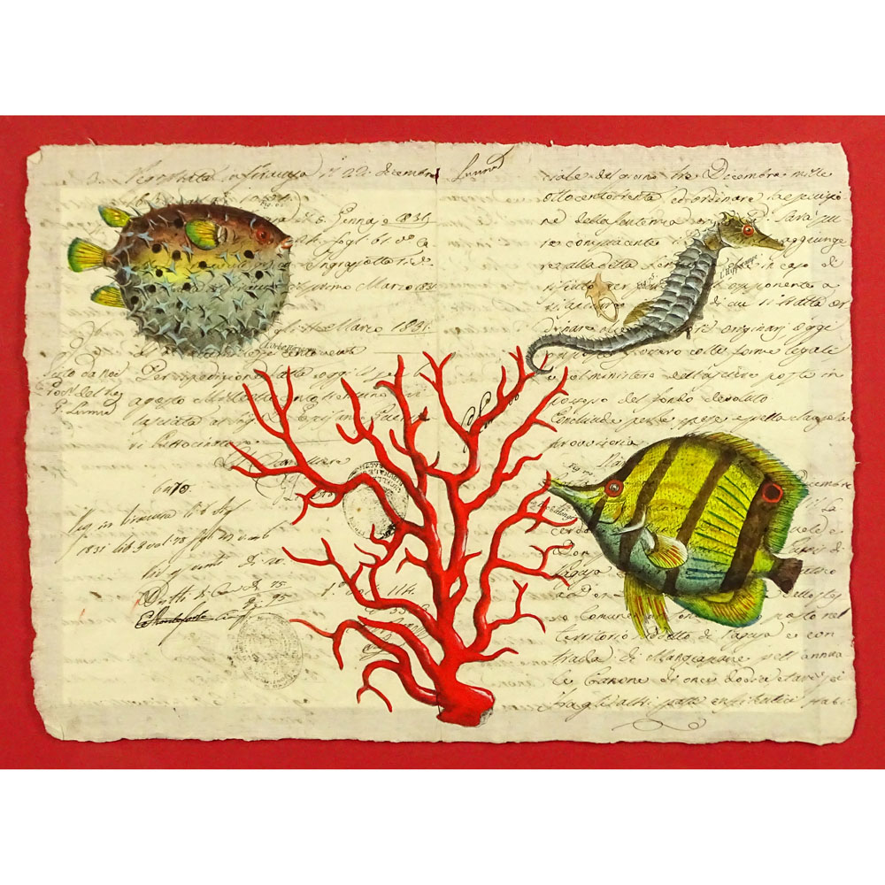 18th Century Manuscript Hand Decorated with Later Watercolor "Sea Life". 