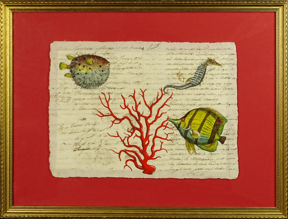 18th Century Manuscript Hand Decorated with Later Watercolor "Sea Life". 