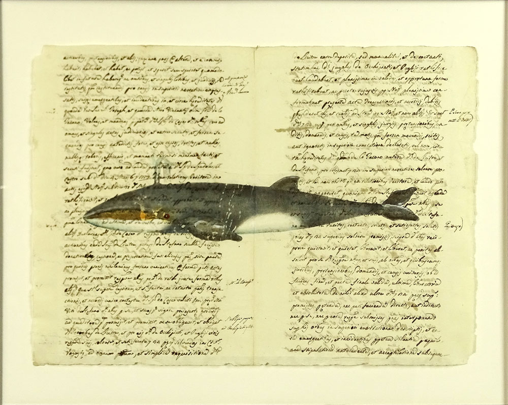 18th Century Manuscript Hand Decorated with Later Watercolor "Whale".