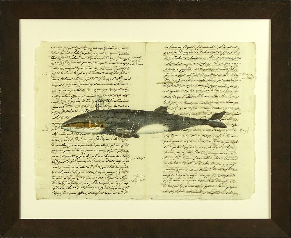18th Century Manuscript Hand Decorated with Later Watercolor "Whale".