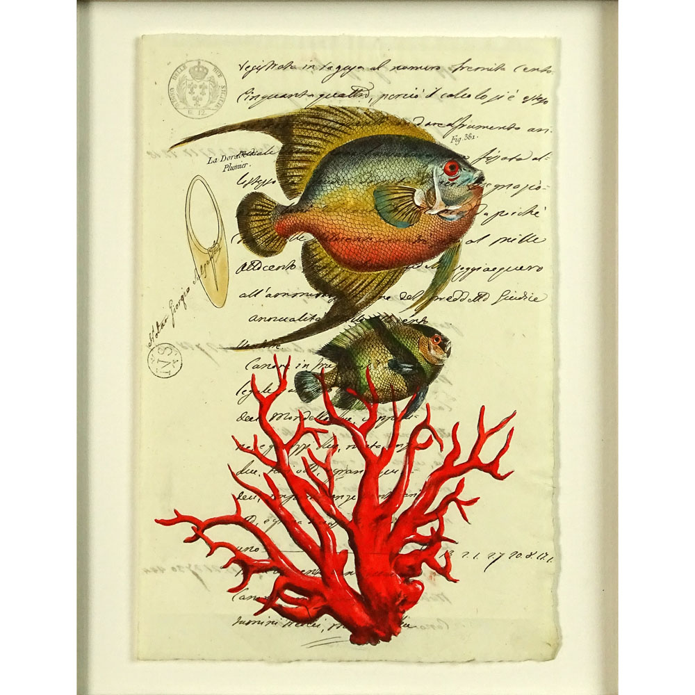 18th Century Manuscript Hand Decorated with Later Watercolor "Fish".
