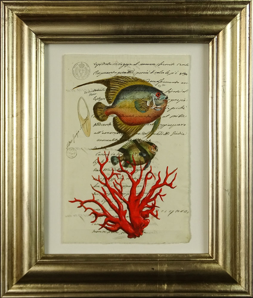 18th Century Manuscript Hand Decorated with Later Watercolor "Fish".