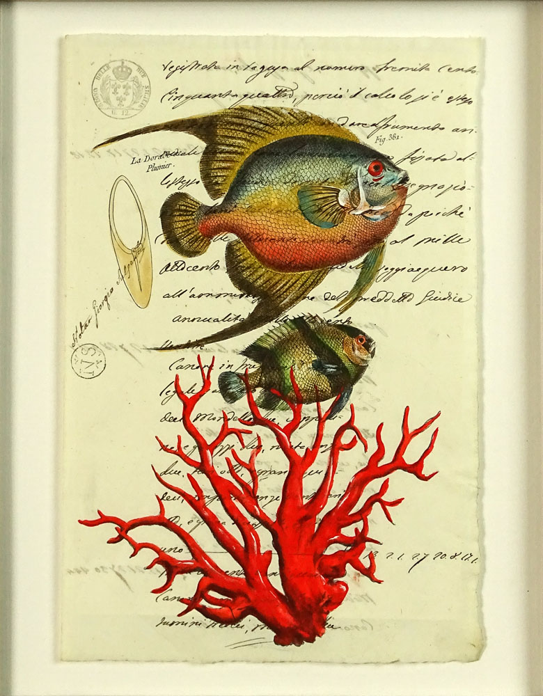 18th Century Manuscript Hand Decorated with Later Watercolor "Fish".