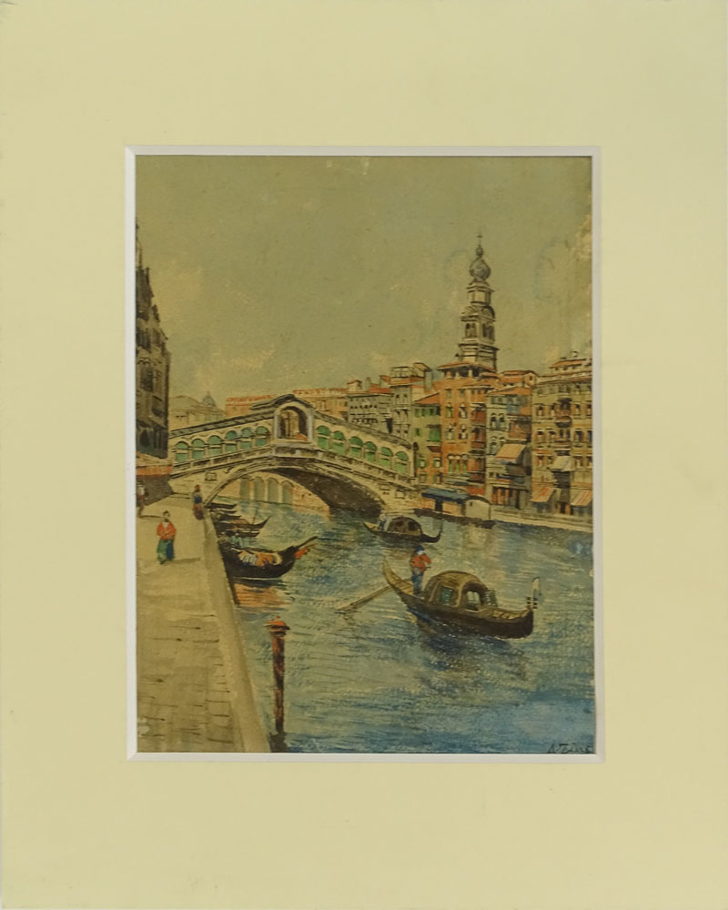 19th Century Italian School Watercolor "Rialto Bridge, Venice" Signed A. Zire? 