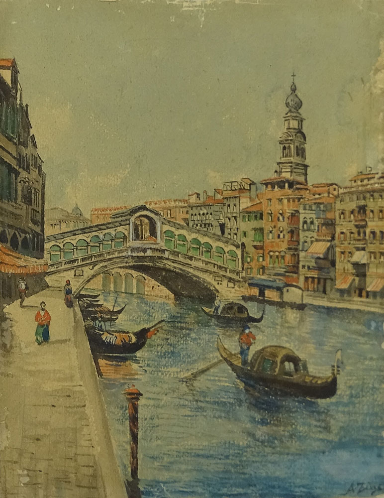 19th Century Italian School Watercolor "Rialto Bridge, Venice" Signed A. Zire? 