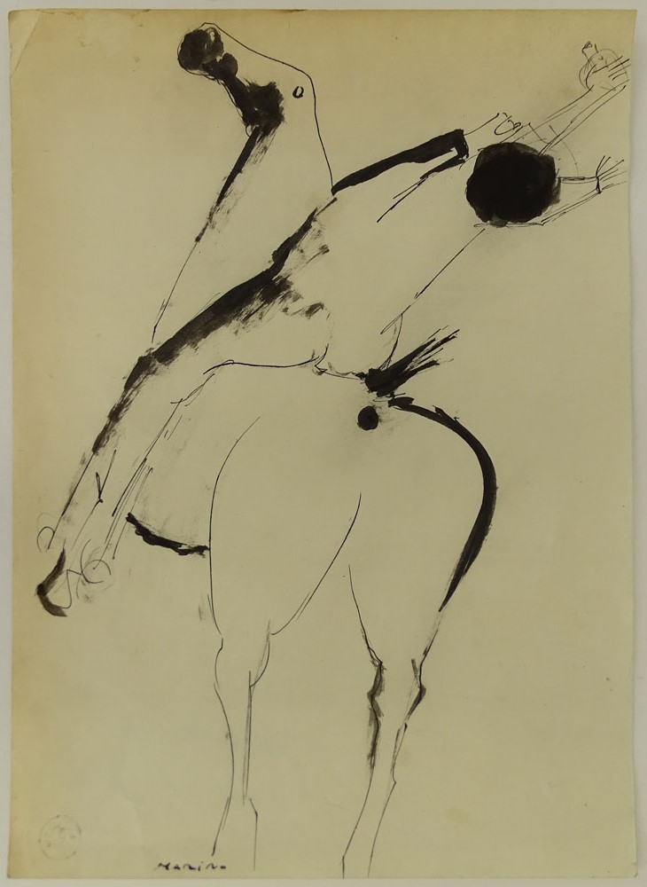 attributed to: Marino Marini, Italian (1901-1980) Ink on paper "Horse And Rider" Signed, bears seal. 