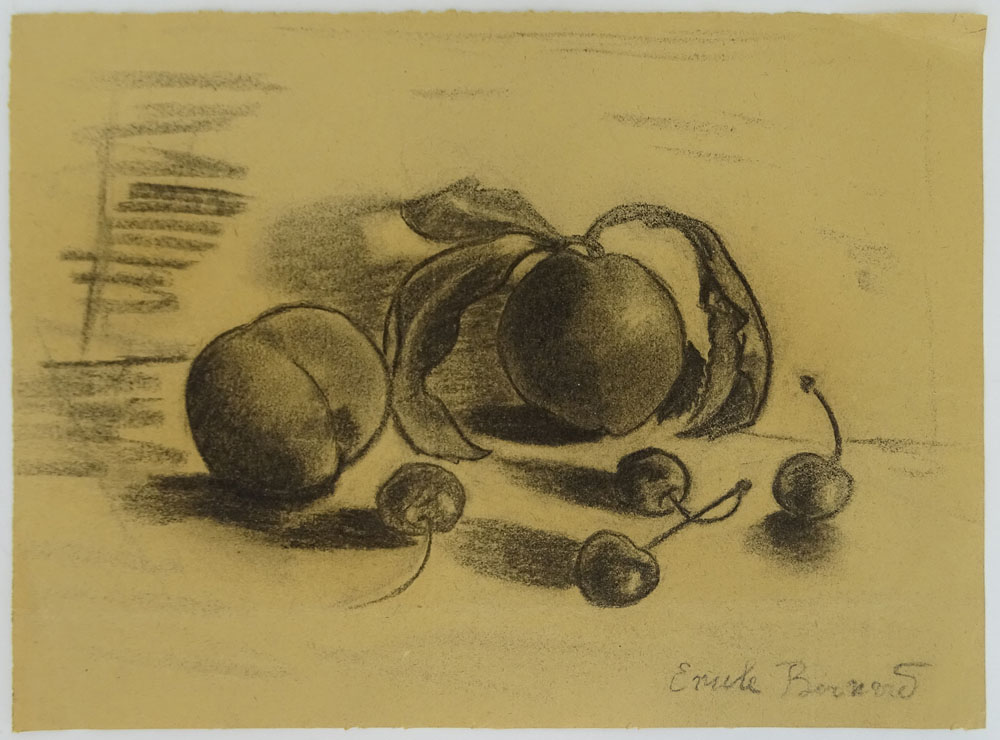 Emile Henri Bernard, French (1868-1941) Charcoal on paper "Still Life Of Peaches and Cherries".