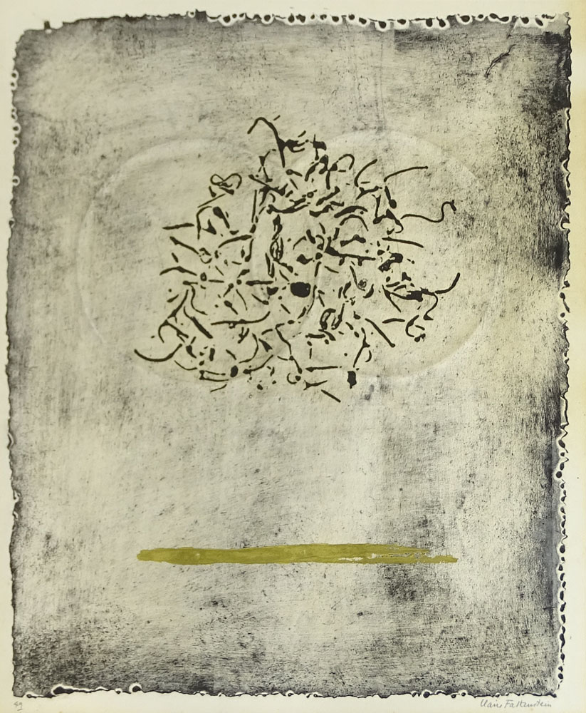 Claire Falkenstein, American (1908-1998) Hand-colored collograph on Fabriano paper "Two Rings". 