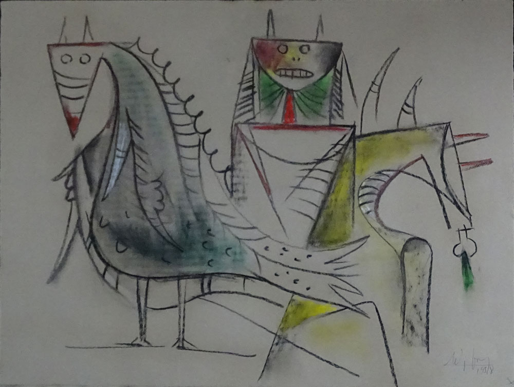 Wifredo Lam, Cuban (1902-1982) Chalk Drawing on Strathmore Watermarked Paper "Untitled - Composicion con ane y Eleggua".  