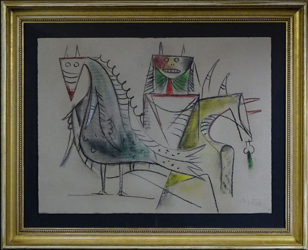 Wifredo Lam, Cuban (1902-1982) Chalk Drawing on Strathmore Watermarked Paper "Untitled - Composicion con ane y Eleggua".  