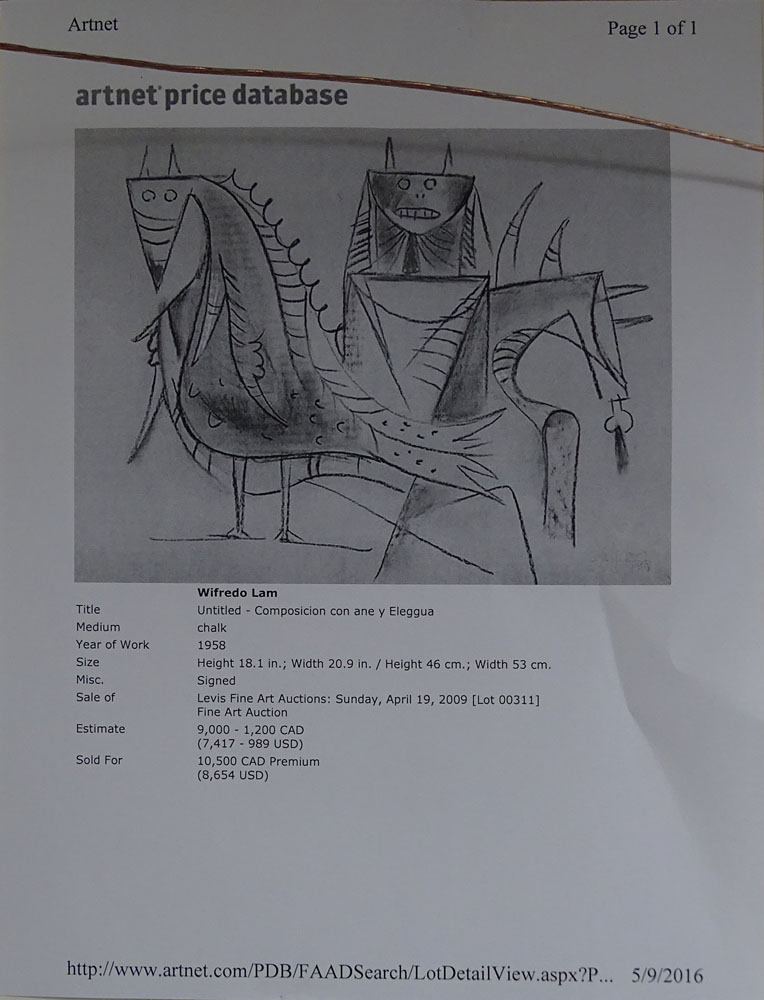 Wifredo Lam, Cuban (1902-1982) Chalk Drawing on Strathmore Watermarked Paper "Untitled - Composicion con ane y Eleggua".  