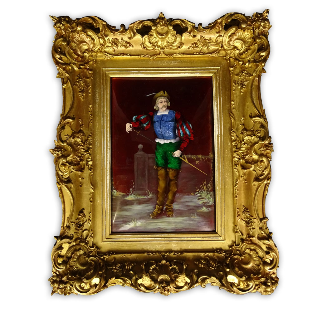 Circa 1900 Limoges Enamel on Copper Plaque, "Cavalier". Signed (?) Susan en verso. 