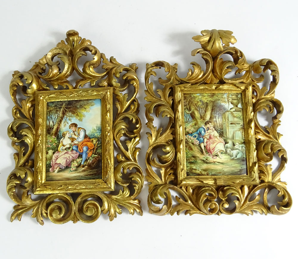 Pair of Vintage Paintings On Copper In Florentine Carved Giltwood Frames. "Romantic Scenes" One with artist signature. 