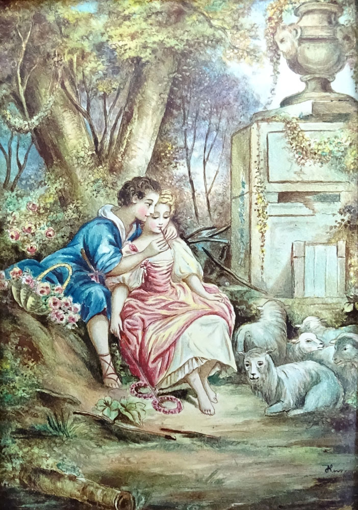 Pair of Vintage Paintings On Copper In Florentine Carved Giltwood Frames. "Romantic Scenes" One with artist signature. 