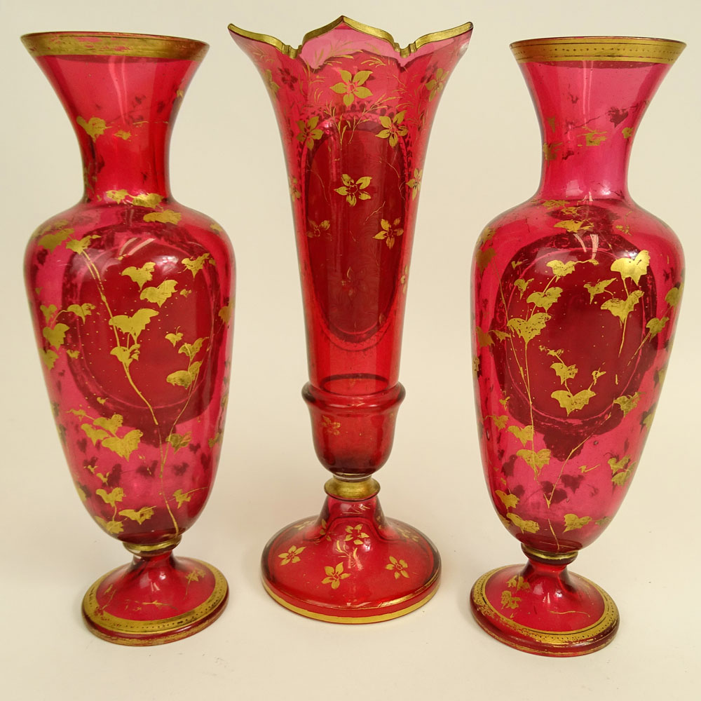 Three (3) Bohemian Cranberry Glass Portrait Vases.