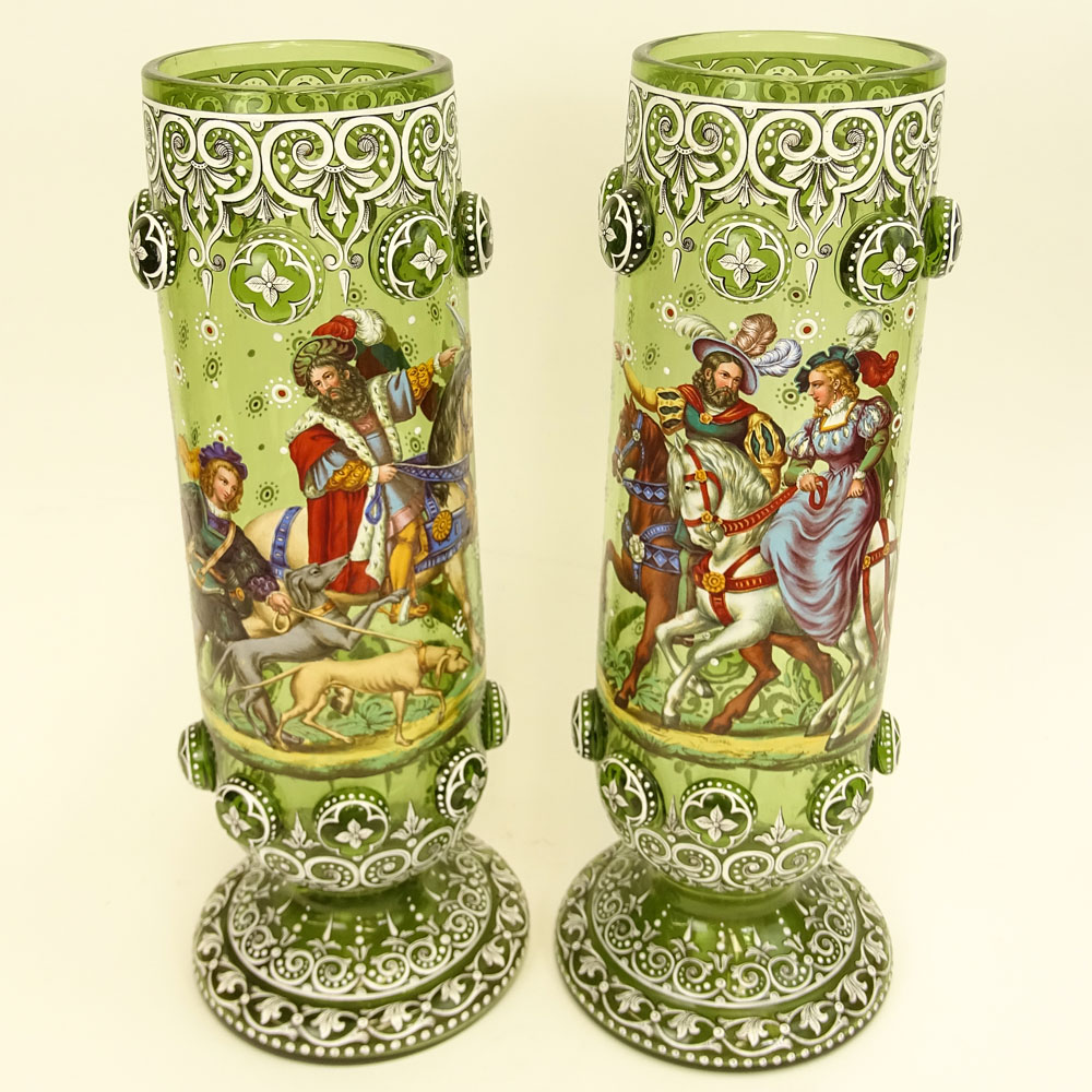 Pair of Impressive Enameled Bohemian Glass Footed Vases.