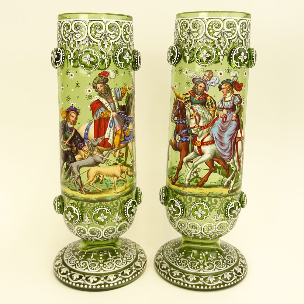 Pair of Impressive Enameled Bohemian Glass Footed Vases.