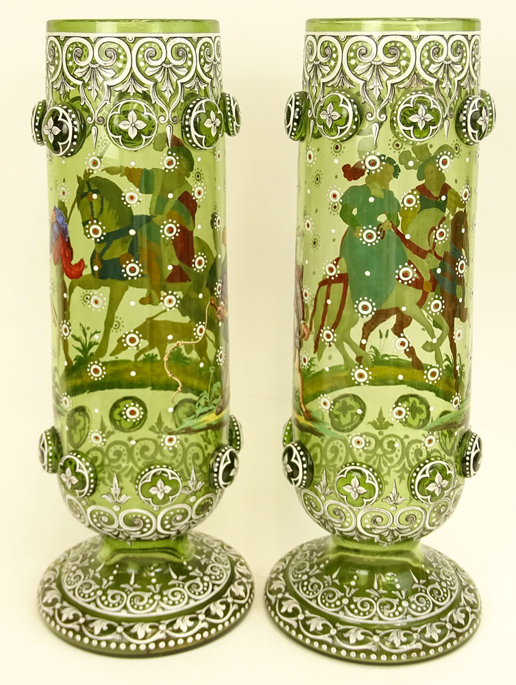 Pair of Impressive Enameled Bohemian Glass Footed Vases.