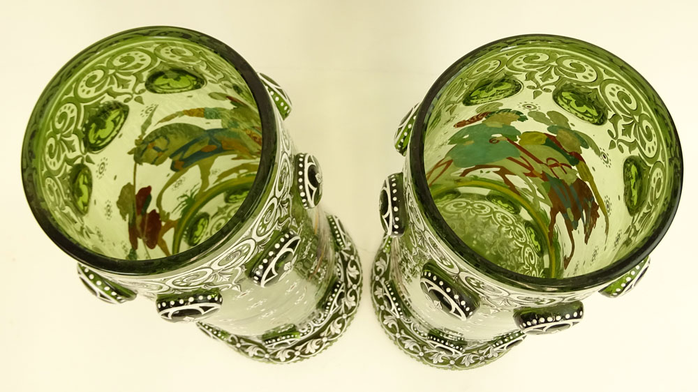 Pair of Impressive Enameled Bohemian Glass Footed Vases.