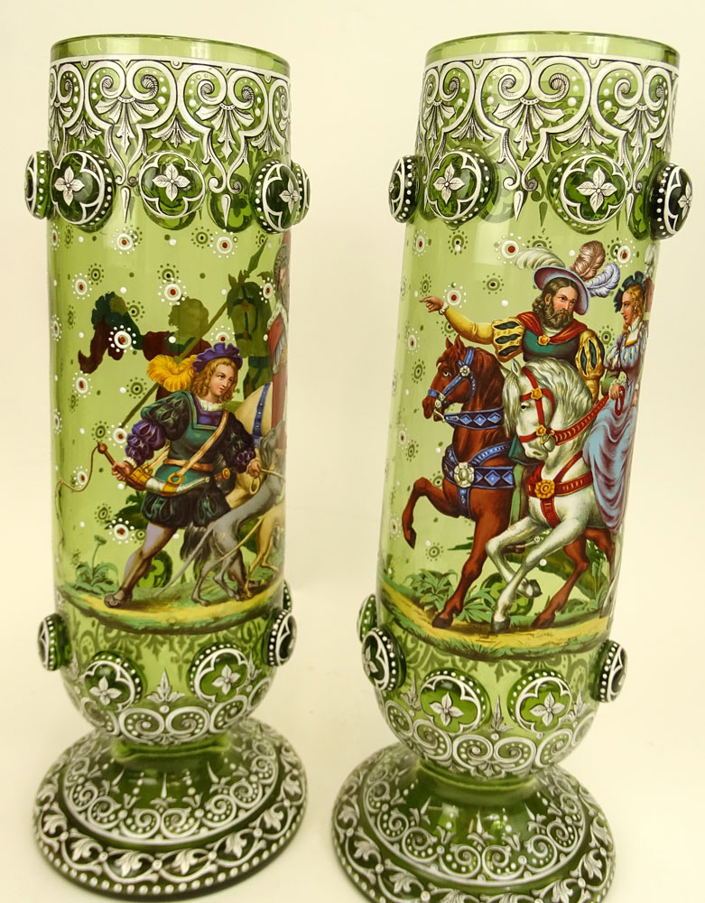 Pair of Impressive Enameled Bohemian Glass Footed Vases.