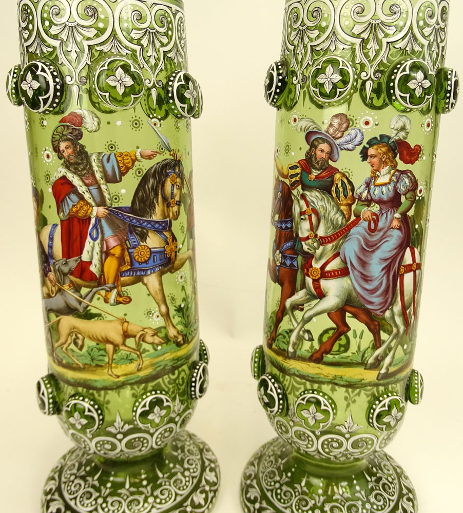 Pair of Impressive Enameled Bohemian Glass Footed Vases.