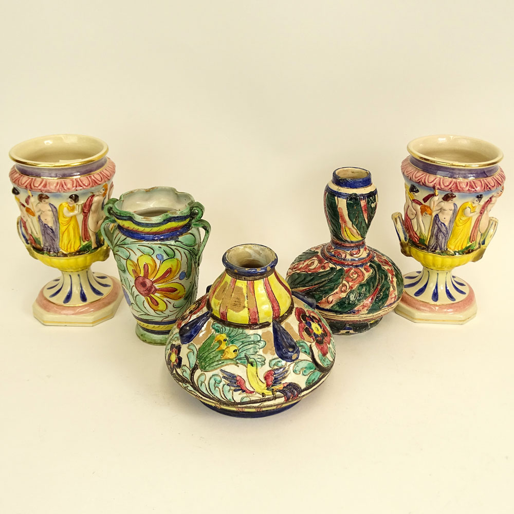 Lot of Five (5) Vintage Italian Majolica Urns and Vases. Various sizes.