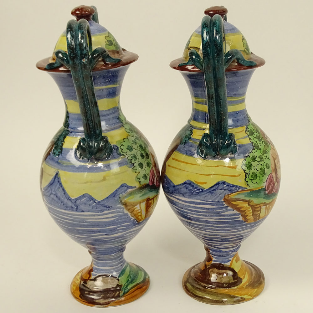 Pair Of Vintage Hand Painted Majolica Snake Handle Urns.