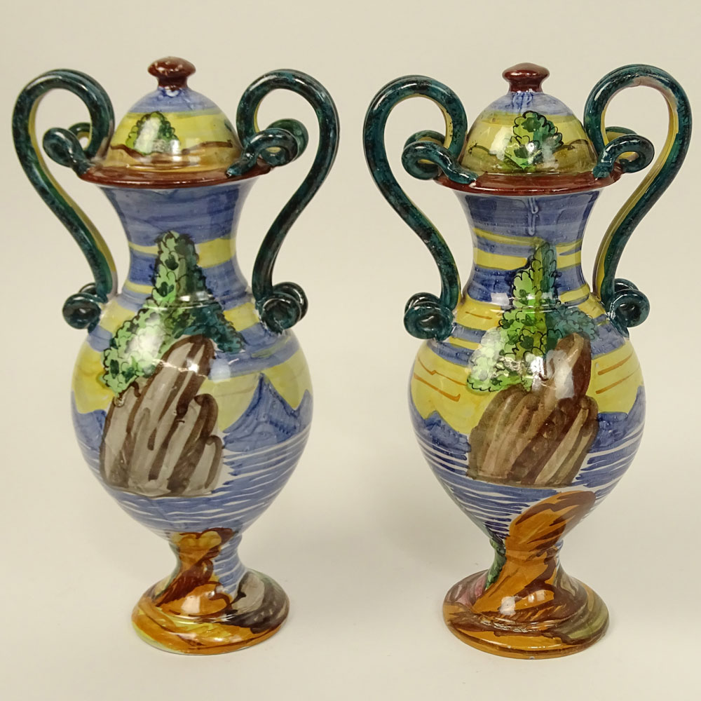 Pair Of Vintage Hand Painted Majolica Snake Handle Urns.