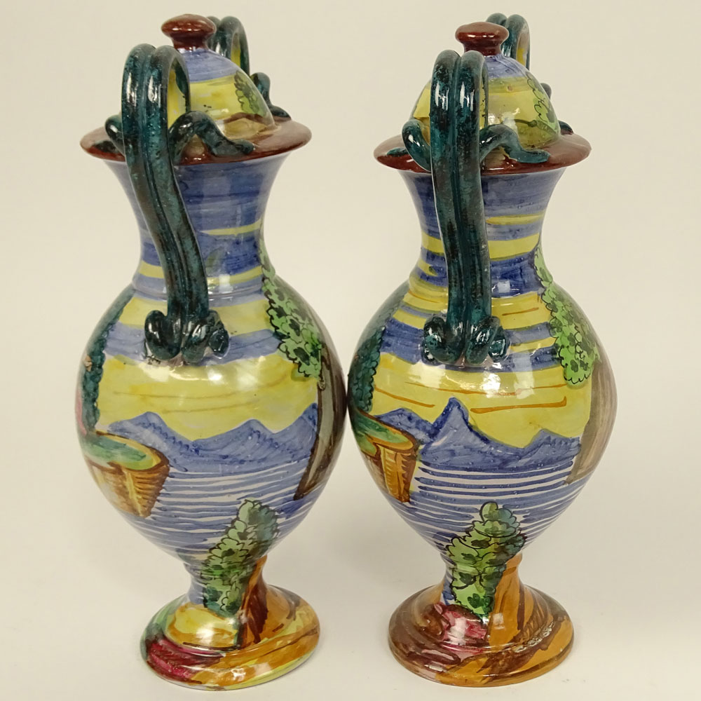 Pair Of Vintage Hand Painted Majolica Snake Handle Urns.